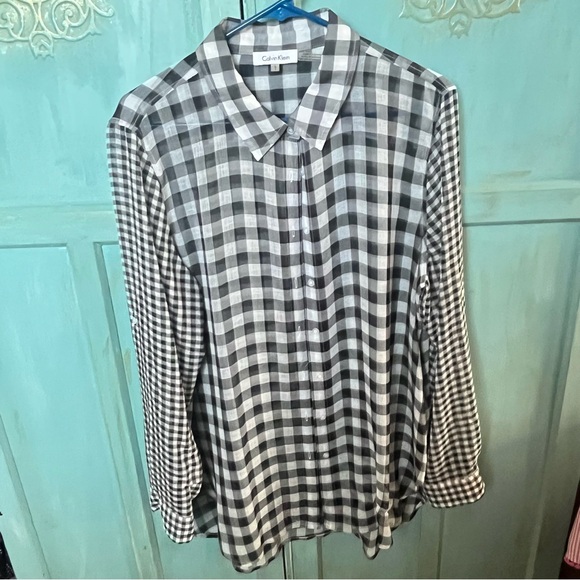 Calvin Klein Women's Long Sleeve Black White Check Button Up Shirt Size Large - Picture 1 of 11